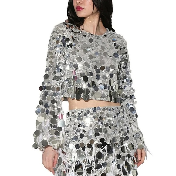 Walter Baker Denise Top Sequin Silver with Feather Fringe - Picture 3 of 3